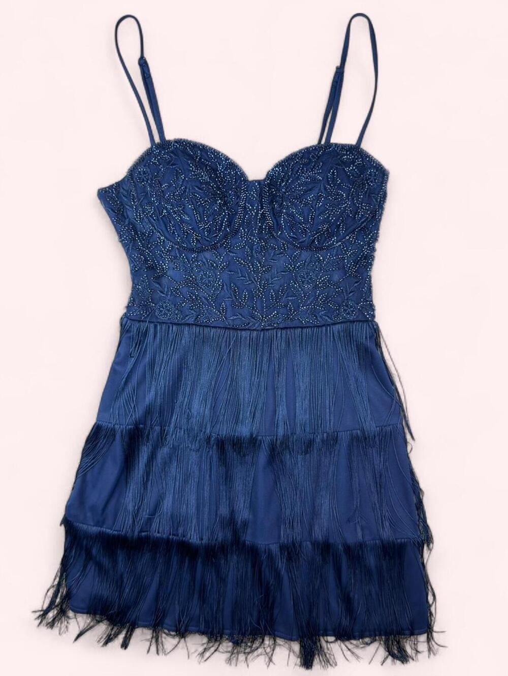 B Darlin Y2K Navy blue beaded mini dress with tiered fringe